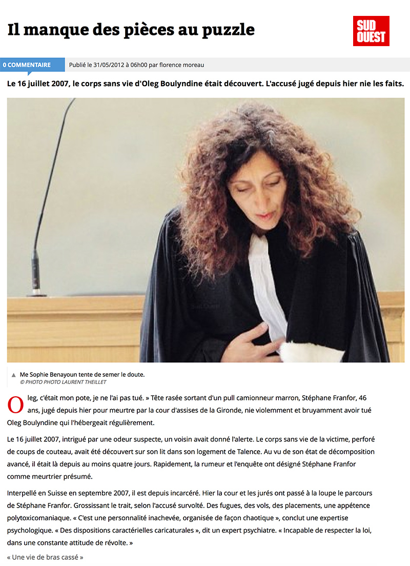 Presse Sud Ouest Sophie Benayoun Oleg Boulyndine avocat bordeaux